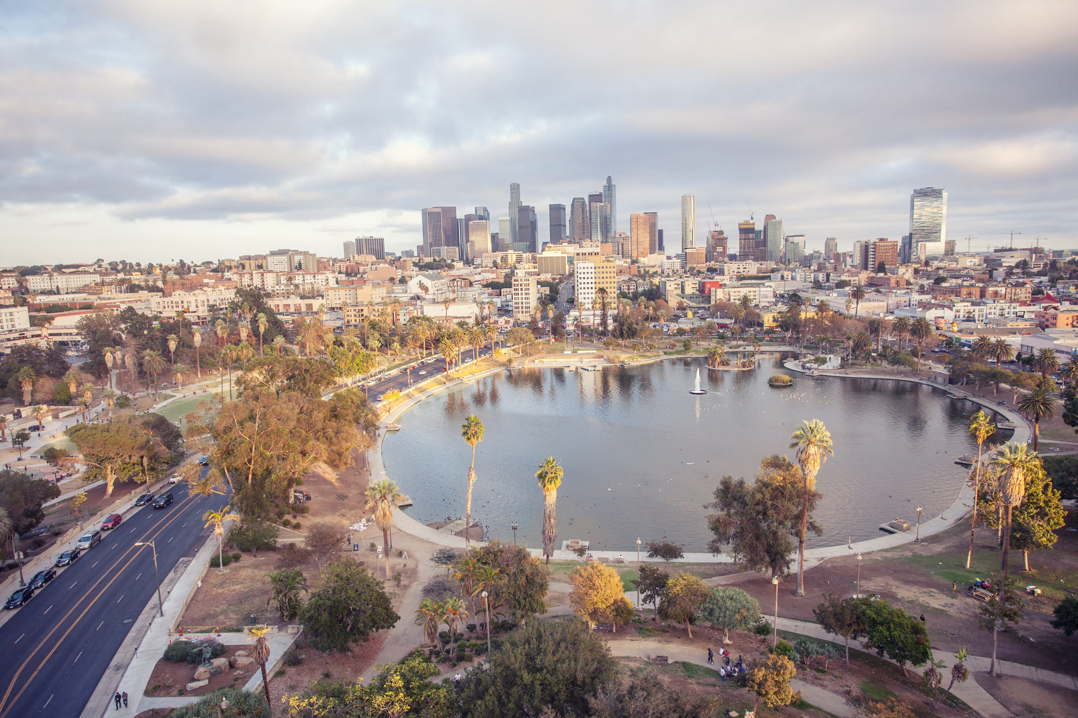 Aerial View of MacArthur Park and downtown Los Angeles